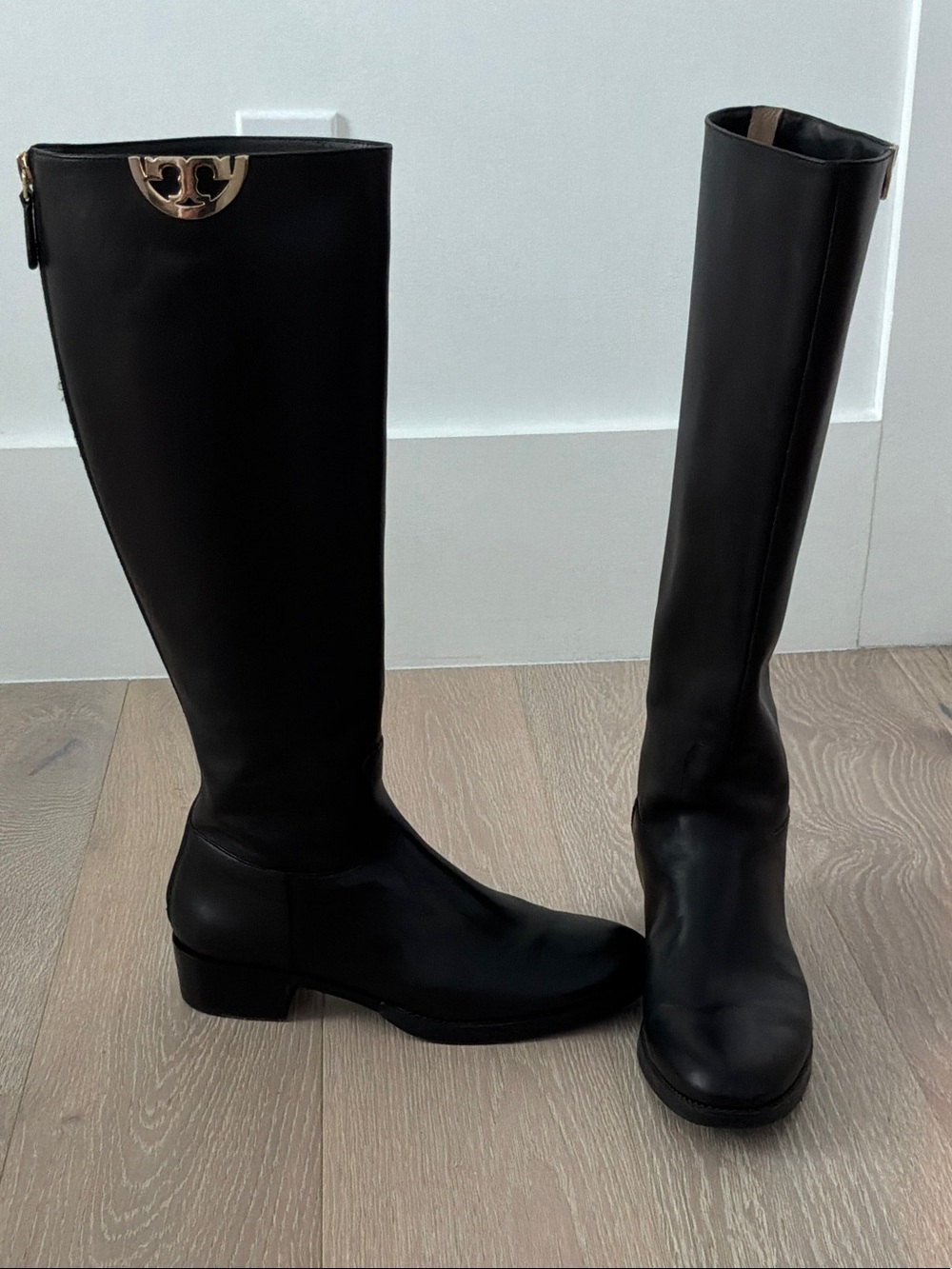 Tory Burch Black Leather Tall Zip-Back Riding Boots with Gold Logo